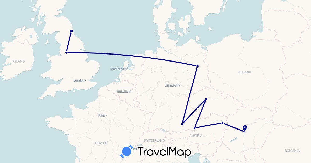 TravelMap itinerary: driving in Austria, Czech Republic, Germany, United Kingdom, Hungary (Europe)
